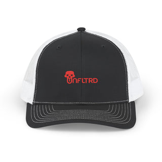 Black snapback cap with a white mesh back, featuring an "UNFLTRD" logo in bold red on the front — a bold graphic hat style.