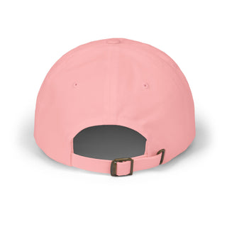 Back view of a pink graphic hat featuring an adjustable strap and a rounded crown.
