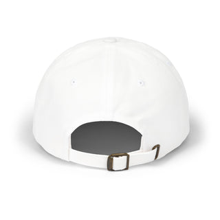 Back view of a plain white baseball graphic cap featuring an adjustable strap with a brass buckle.