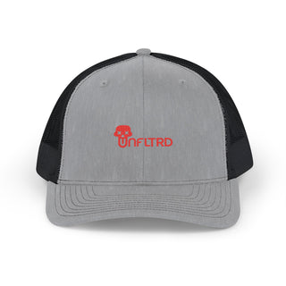 Gray and black trucker hat featuring a bold red "UNFLTRD" logo on the front panel.