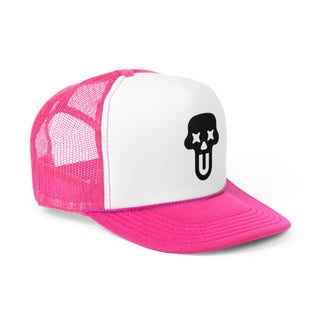 A stylish pink trucker hat featuring a white front panel with a black UNFLTRD logo.