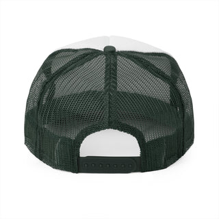 Back view of a green mesh trucker hat with a white front panel and adjustable snap closure.
