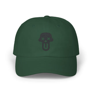 A dark green baseball cap featuring a black UNFLTRD logo in the center.