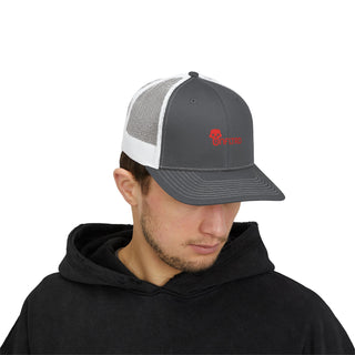 A person wearing a gray and white snapback cap with red UNFLTRD logo, paired with a black hoodie against a plain background.