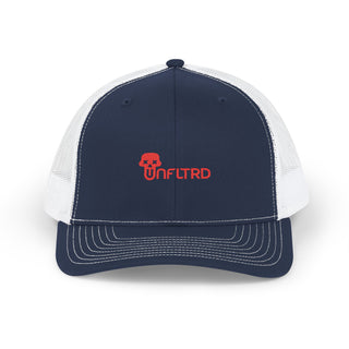 Navy blue hat with a white mesh back, featuring the logo "UNFLTRD" in bright orange on the front.