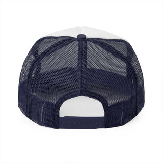 Back view of a navy blue mesh trucker cap with a white front panel and a snapback closure.