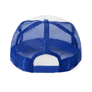Back view of a blue mesh graphic trucker cap, featuring a plastic snap closure and a structured design.