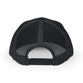 Back view of a black mesh graphic trucker hat showing the adjustable snap closure and breathable design.