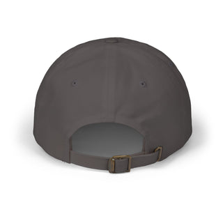 Back view of a dark grey baseball cap with an adjustable strap and ventilation holes.