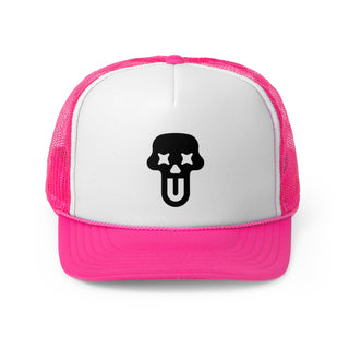 A stylish pink and white graphic trucker hat featuring a UNFLTRD logo.