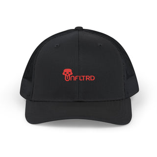 Black trucker hat with a mesh back featuring an orange "UNFLTRD" logo and a stylized skull icon on the front.