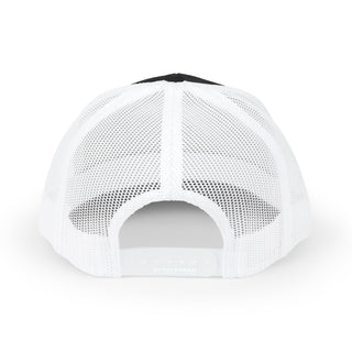 Back view of a white mesh trucker cap with a black top and adjustable strap, showcasing its breathable fabric and design.