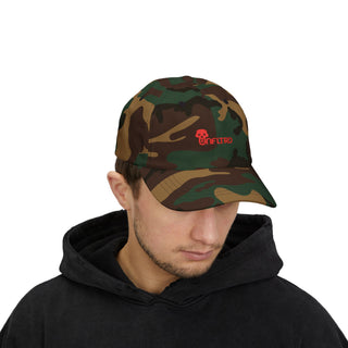A person wearing a black hoodie and a camouflage cap with a red UNFLTRD logo on the front — part of the men's graphic hoodie collection.