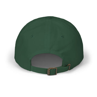 Back view of a green graphic hat featuring a strap closure and ventilation holes.