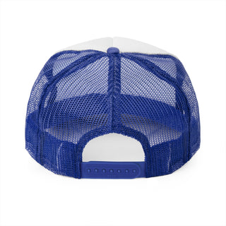 Back view of a blue mesh trucker hat featuring a white front panel and adjustable snap closure.