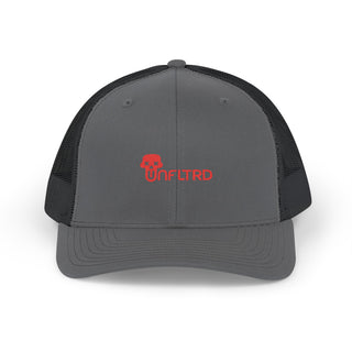 Gray graphic trucker hat with black mesh sides, featuring a bold red "UNFLTRD" logo at the front.