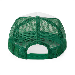 Green mesh trucker hat viewed from the back, featuring a plastic snap closure and a white front panel.