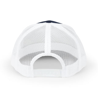 Back view of a white mesh graphic trucker hat with a navy blue front panel, showcasing adjustable snap closure & ventilation design.