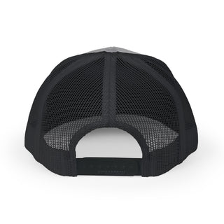 Back view of a black mesh trucker hat with a curved brim and adjustable snap closure.
