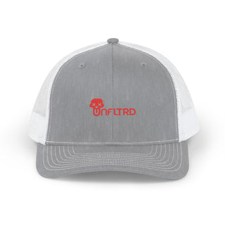 Gray and white trucker cap featuring a red "UNFLTRD" logo on the front — bold branded graphic trucker hat.