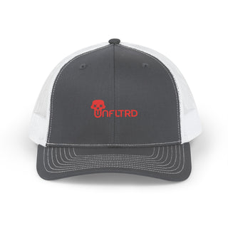 Front view of a black and white trucker hat featuring a red "UNFLTRD" logo and a skull design on the front panel.