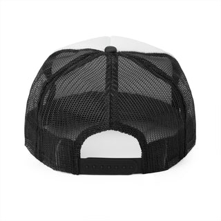 Back view of a black mesh trucker hat with a white front panel and an adjustable strap — classic graphic hat design.
