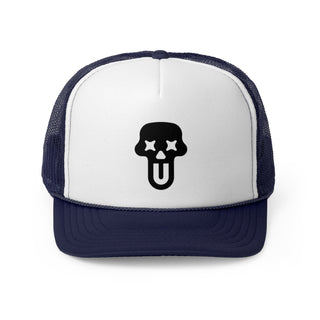 Navy blue baseball cap with a white mesh back, featuring the logo "UNFLTRD" in bright orange on the front.