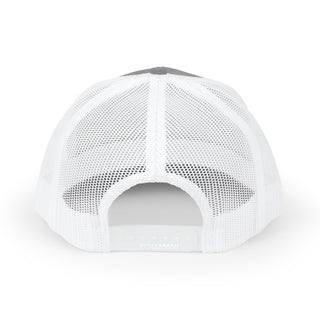Rear view of a white mesh cap with a gray brim, showcasing the adjustable strap and breathable design — classic graphic trucker hat fit.