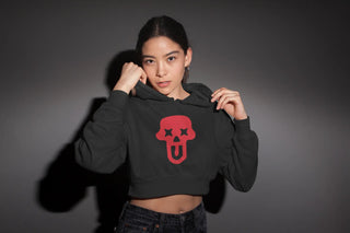 women wearing a crop top hoodie with unfltrd logo